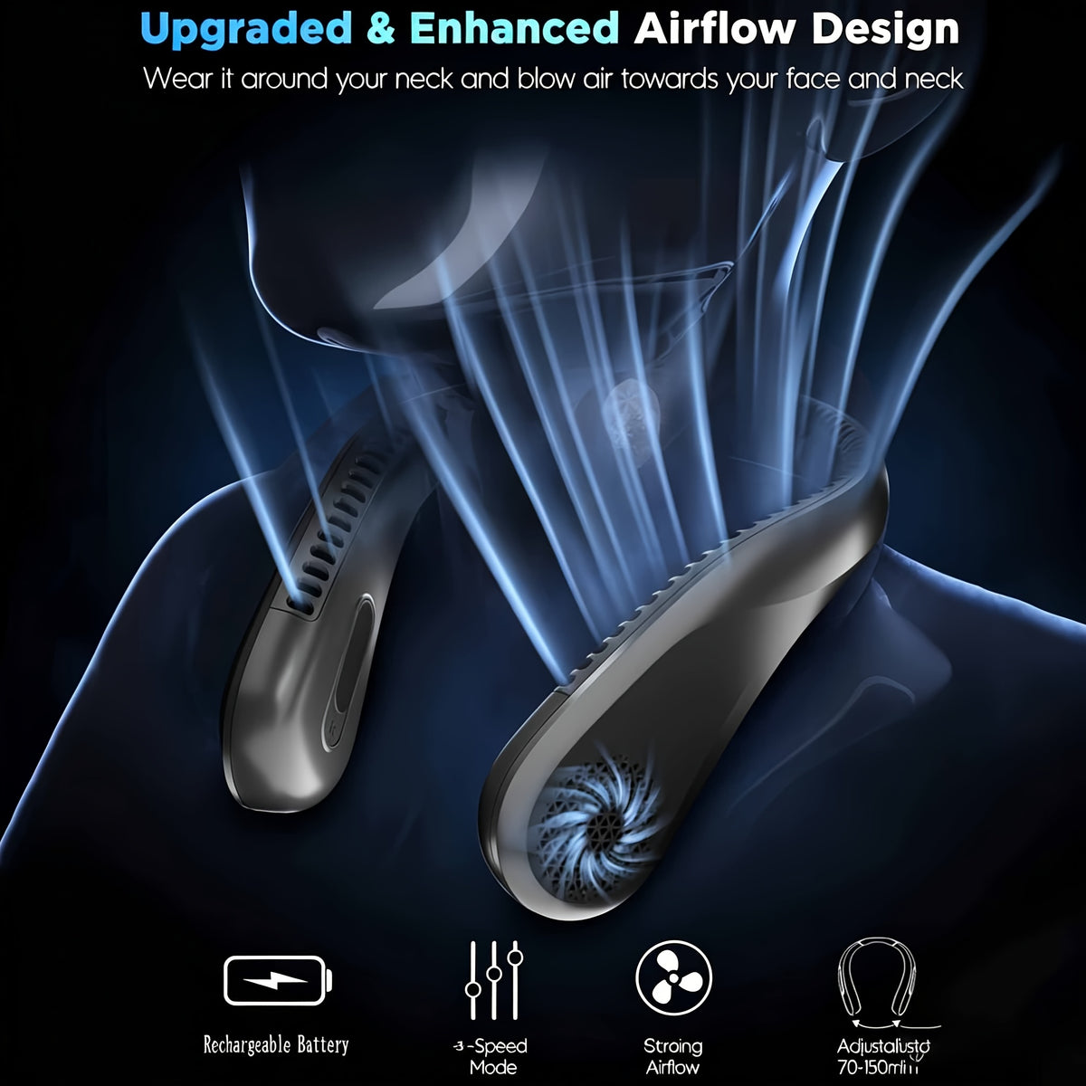 Four-Speed Bladeless Neck Fan, USB-C Rechargeable Wearable Personal Fan with 66 Air Vents and Hands-Free Airflow for Travel, Office, Cooking and Outdoor Leisure