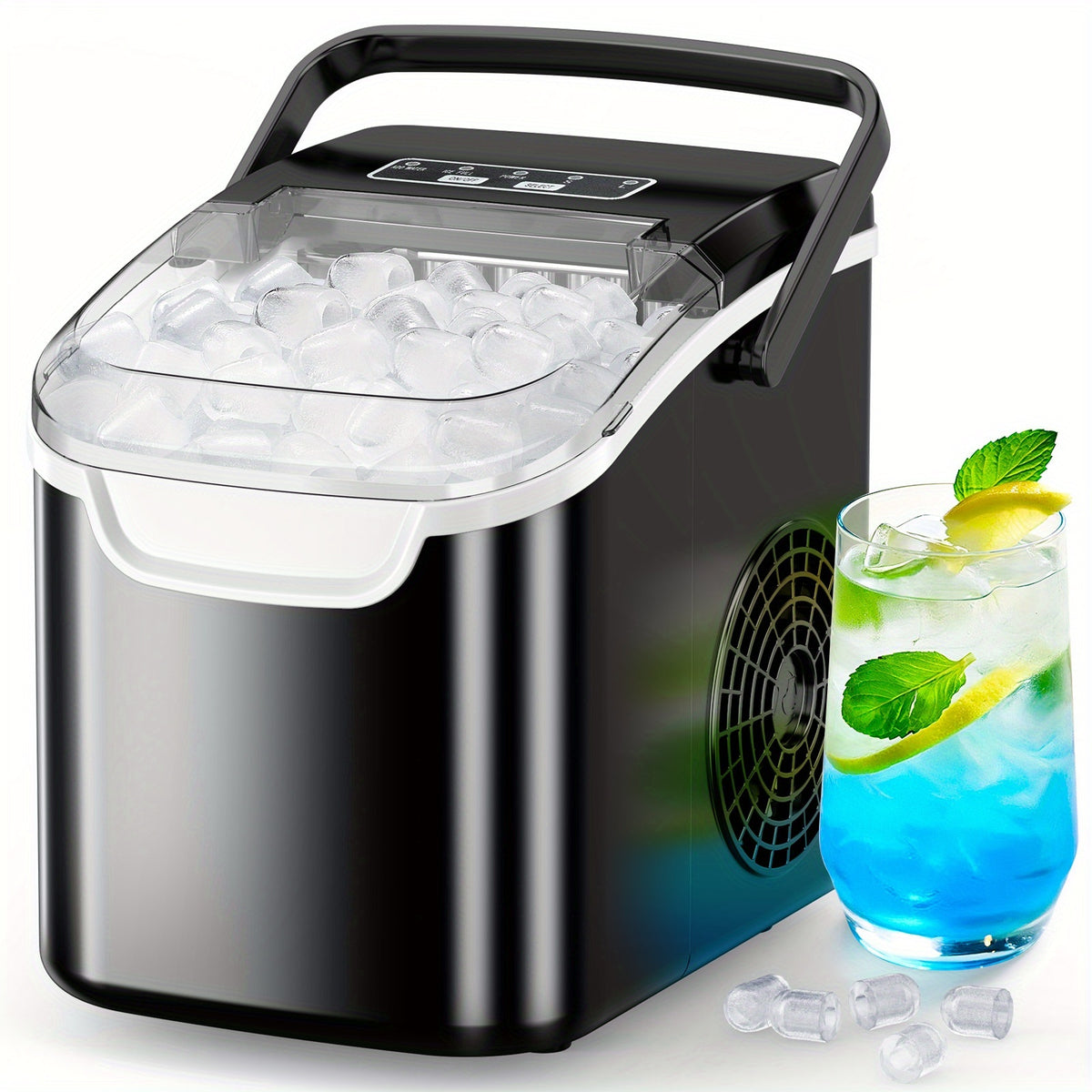 Two-Size Ice Maker Machine with Basket and Scoop, Listed 26lb Daily Output and Eight Pieces in Six Minutes, Black, White, Green or Purple Options