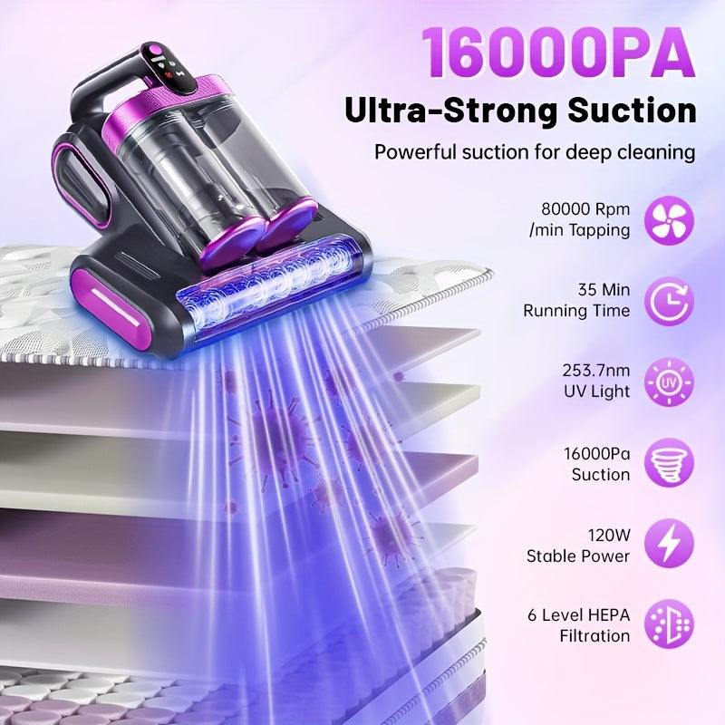 Wireless Mattress Vacuum Cleaner with Listed 16kPa Suction and Dual Cups, Washable Sponge Pre-Filter in Purple or White for Compatible Bed, Sofa and Carpet Fabrics
