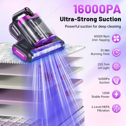 Wireless Mattress Vacuum Cleaner with Listed 16kPa Suction and Dual Cups, Washable Sponge Pre-Filter in Purple or White for Compatible Bed, Sofa and Carpet Fabrics