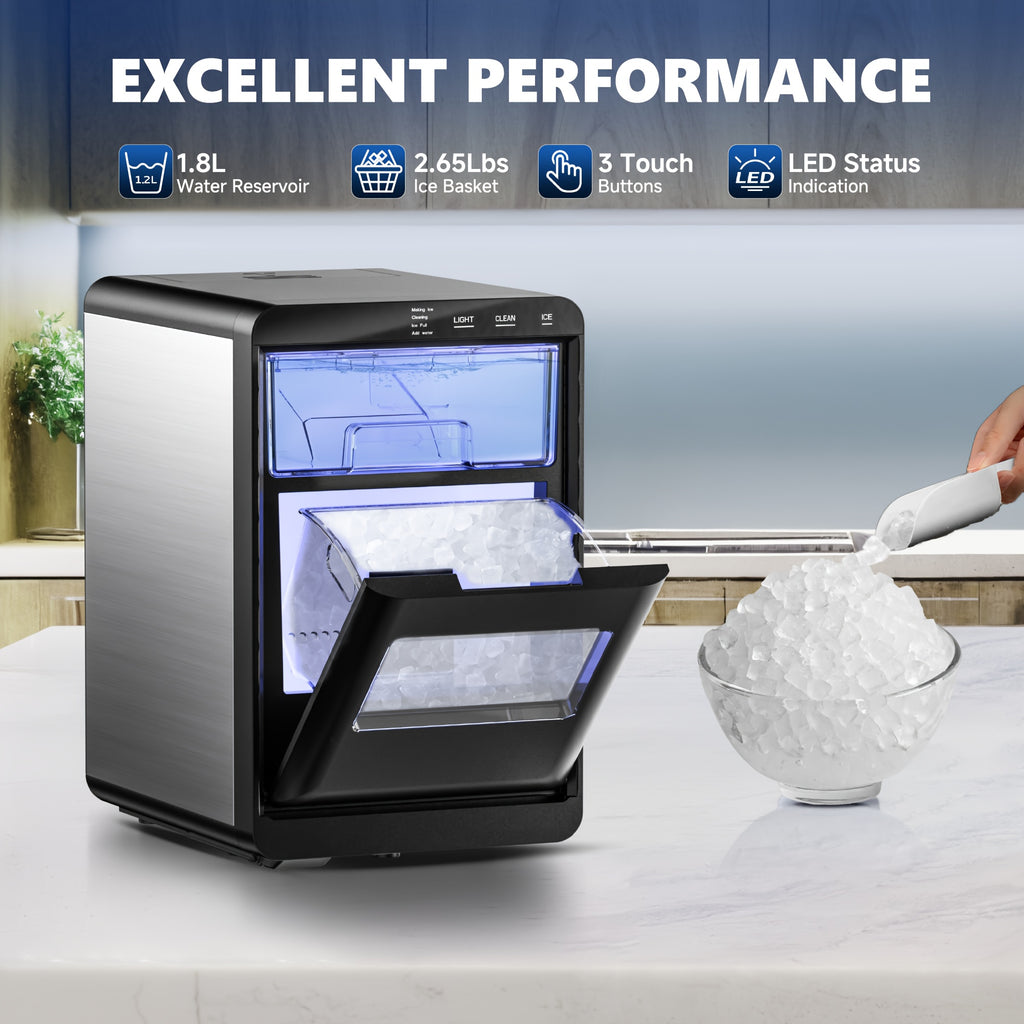 Lighted Countertop Nugget Ice Maker with Automatic Cleaning, Listed Black 37lb or Sliver 44lb Option Labels, Ice Scoop and Basket for Home Kitchen Drinks