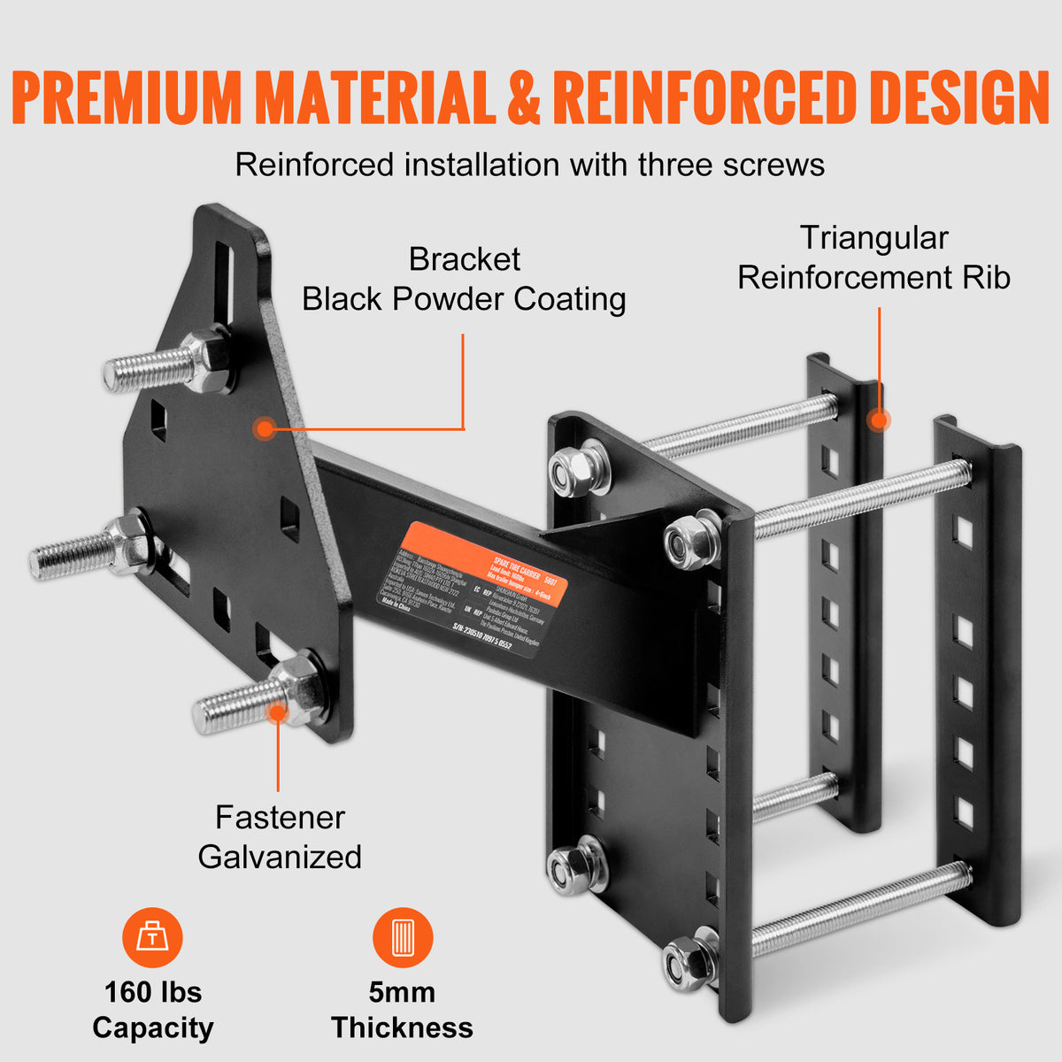 Trailer Spare Tire Carrier by VEVOR for Compatible Utility and Boat Trailers, Three-Bolt Wheel Mount with Listed 160 lb Capacity and Galvanized Hardware