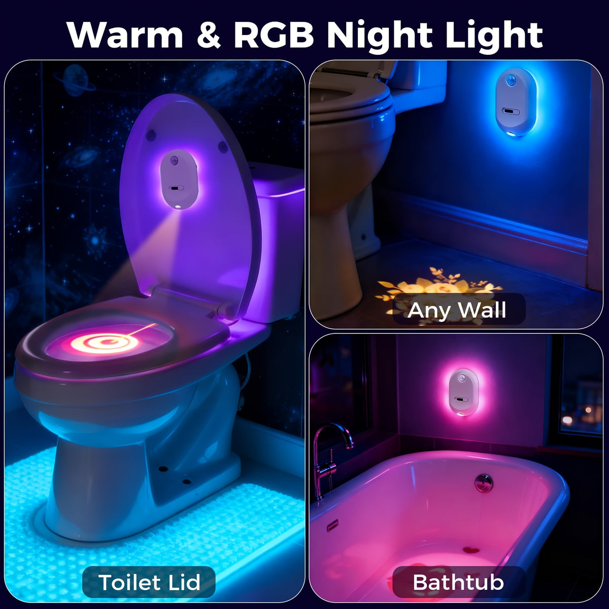 Motion Sensor Toilet Night Light, Rechargeable Toilet Bowl Lighting with Listed 13 Color Changes and Four Projection Patterns in Two- or Four-Pack Options