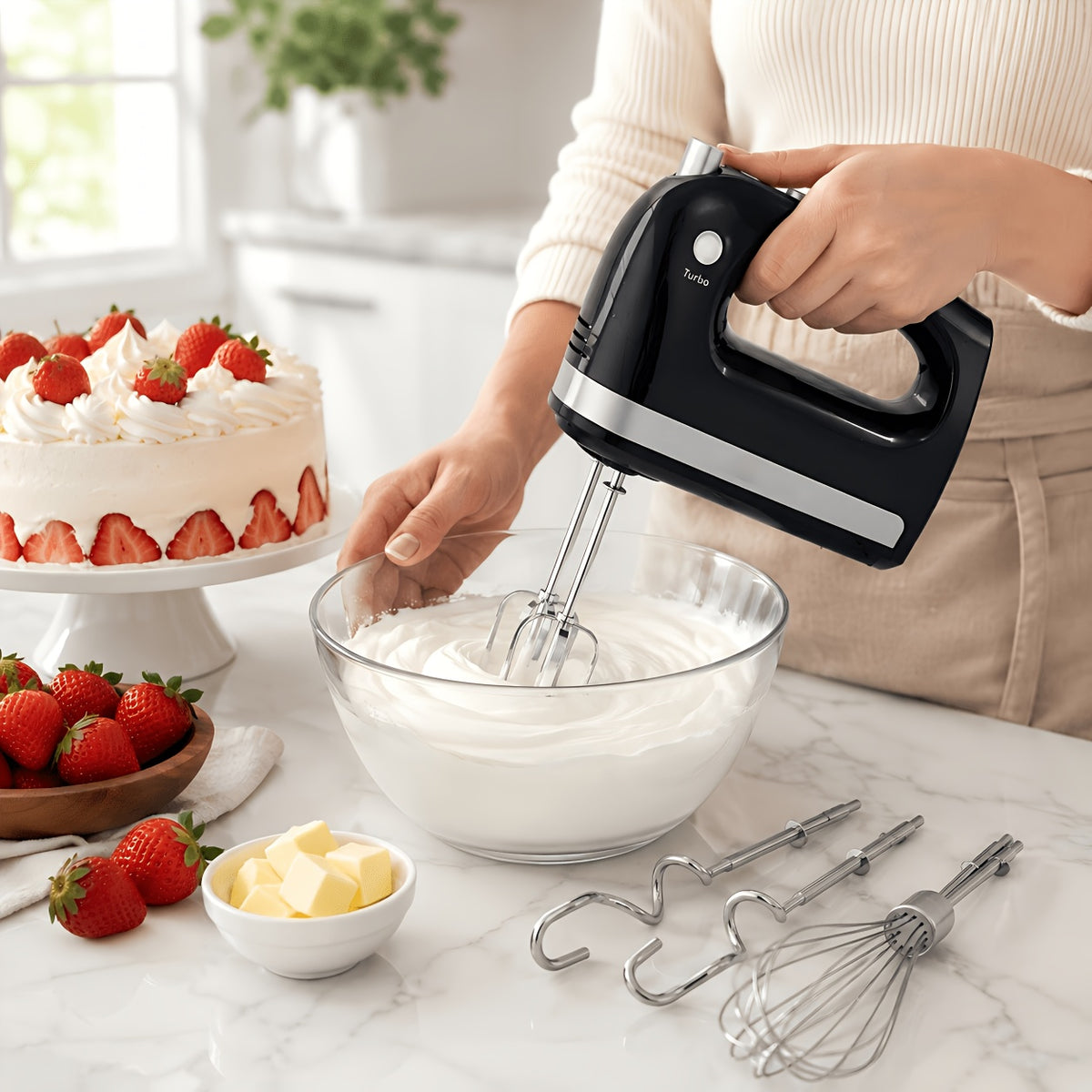 400W Hand Mixer with Five Speeds, Turbo Boost and Eject Button, Listed Five Stainless Steel Attachments and Five Color Options for Cake Batter, Eggs and Cream