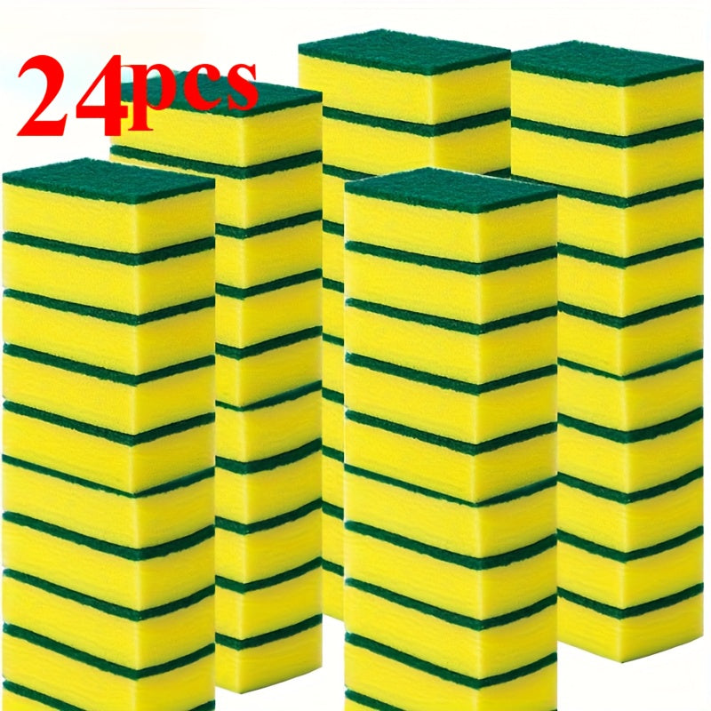 Kitchen Sponges 24-Pack in Yellow and Green, Double-Layer Dishwashing Scrubbers with Textured Surface for Compatible Dishes, Pots and Cookware Cleanup