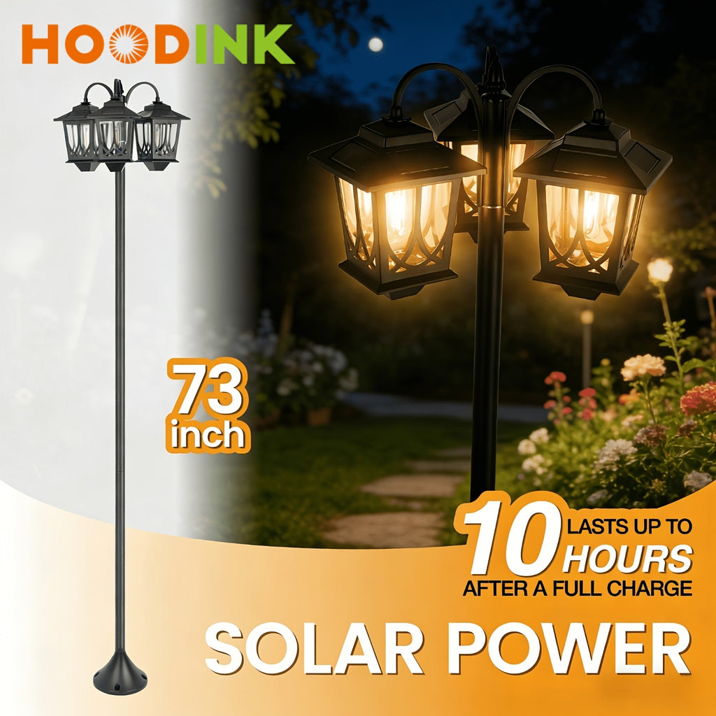 Three-Head Solar Lamp Post with Listed 73-Inch Section-Adjustable Design and 3000K Warm White Light, Black, Two-Pack or Upgraded Flower Pot Model Labels