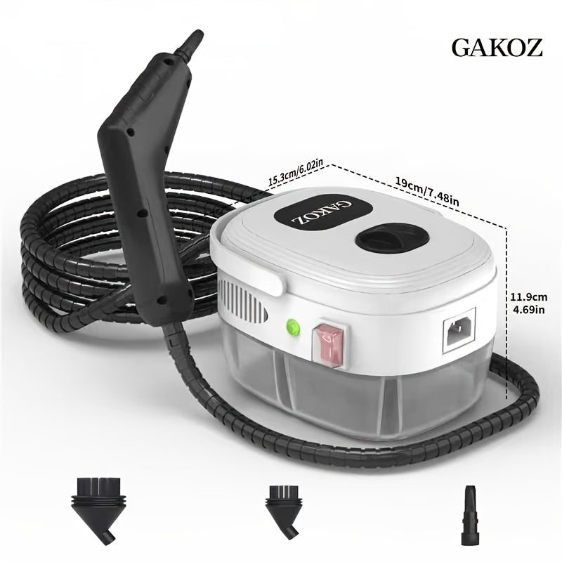 Portable Handheld Steam Cleaner with White 1200W Fixed-Steam or Black and White 1500W Adjustable-Steam Option Labels, Three or Nine Listed Accessories