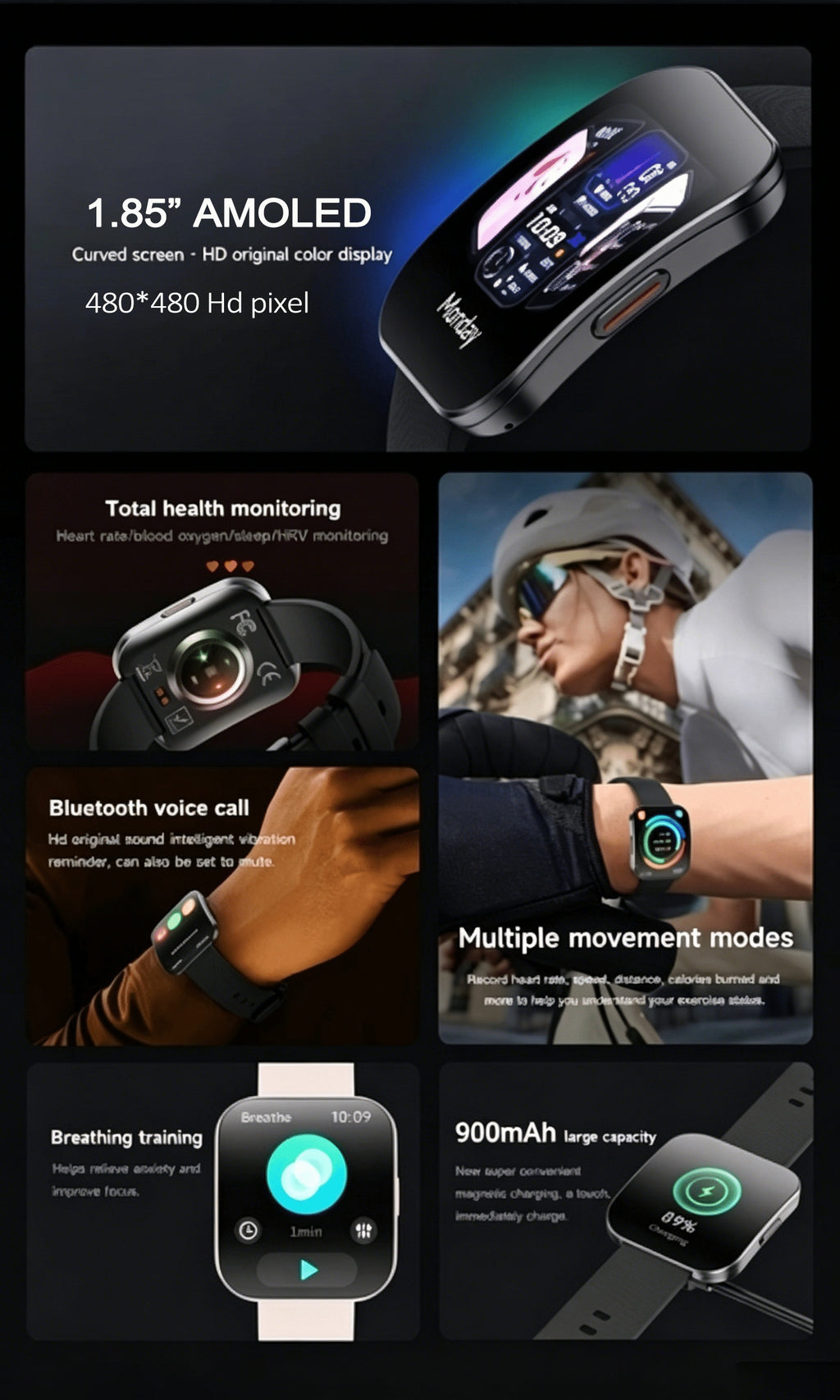 Curved Touchscreen Smart Watch, 1.85-Inch Calling Watch with Message Reminders, Multiple Sports Modes, Camera and Music Controls for iPhone and Android