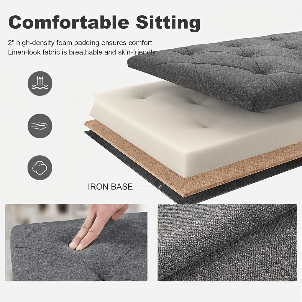 Folding Storage Ottoman Bench in Grey, Padded Seat and Storage Chest with 43-Inch Model Label for Bedroom, Living Room and End-of-Bed Organization
