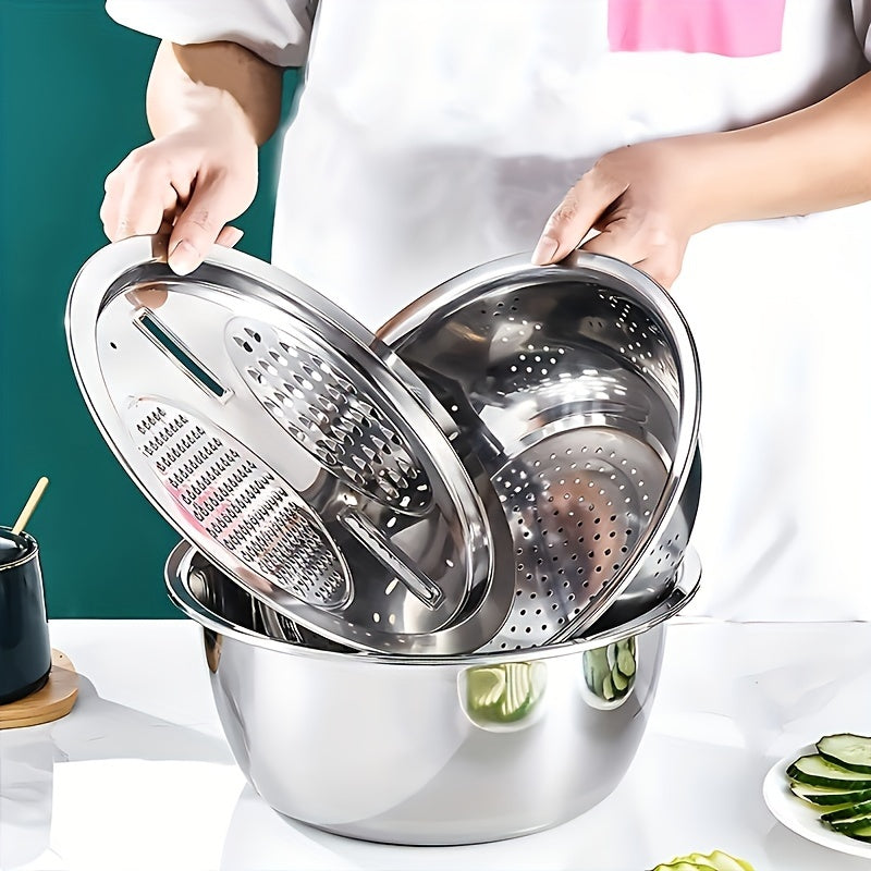Kitchen Strainer Bowl Set, 3-Piece Stainless Steel Mixing Bowl, Filter and Grinder Kit in Silvery Finish for Rinsing Produce and Everyday Food Preparation