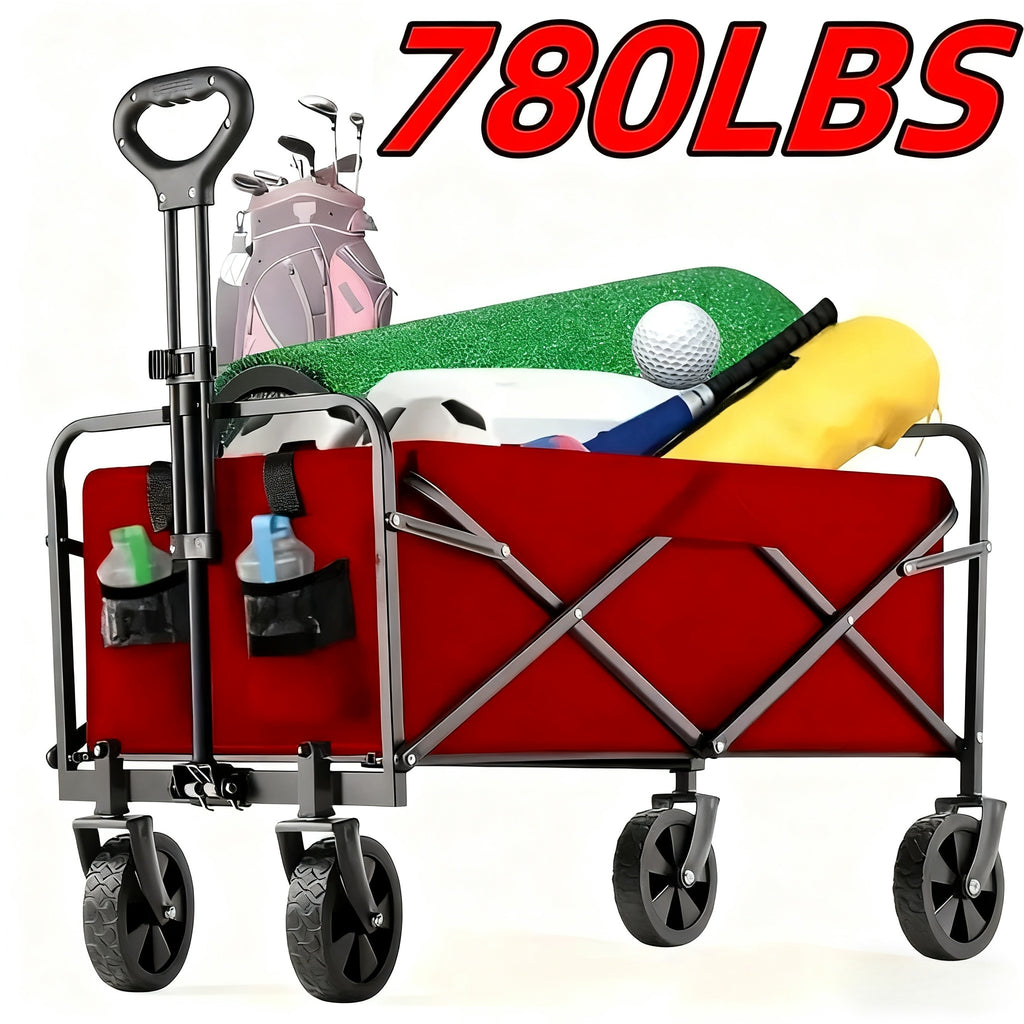 Metal Frame Folding Wagon with Detachable 600D Oxford Fabric, Listed 200 lb Capacity Utility Cart in Red or Black for Garden Supplies, Shopping and Camping Gear