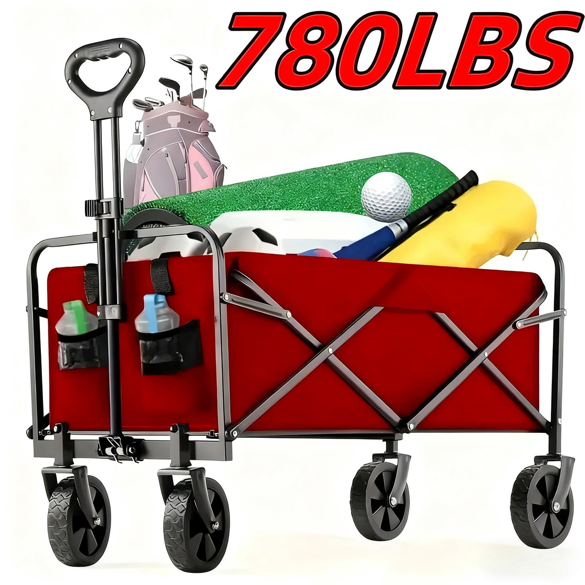Metal Frame Folding Wagon with Detachable 600D Oxford Fabric, Listed 200 lb Capacity Utility Cart in Red or Black for Garden Supplies, Shopping and Camping Gear