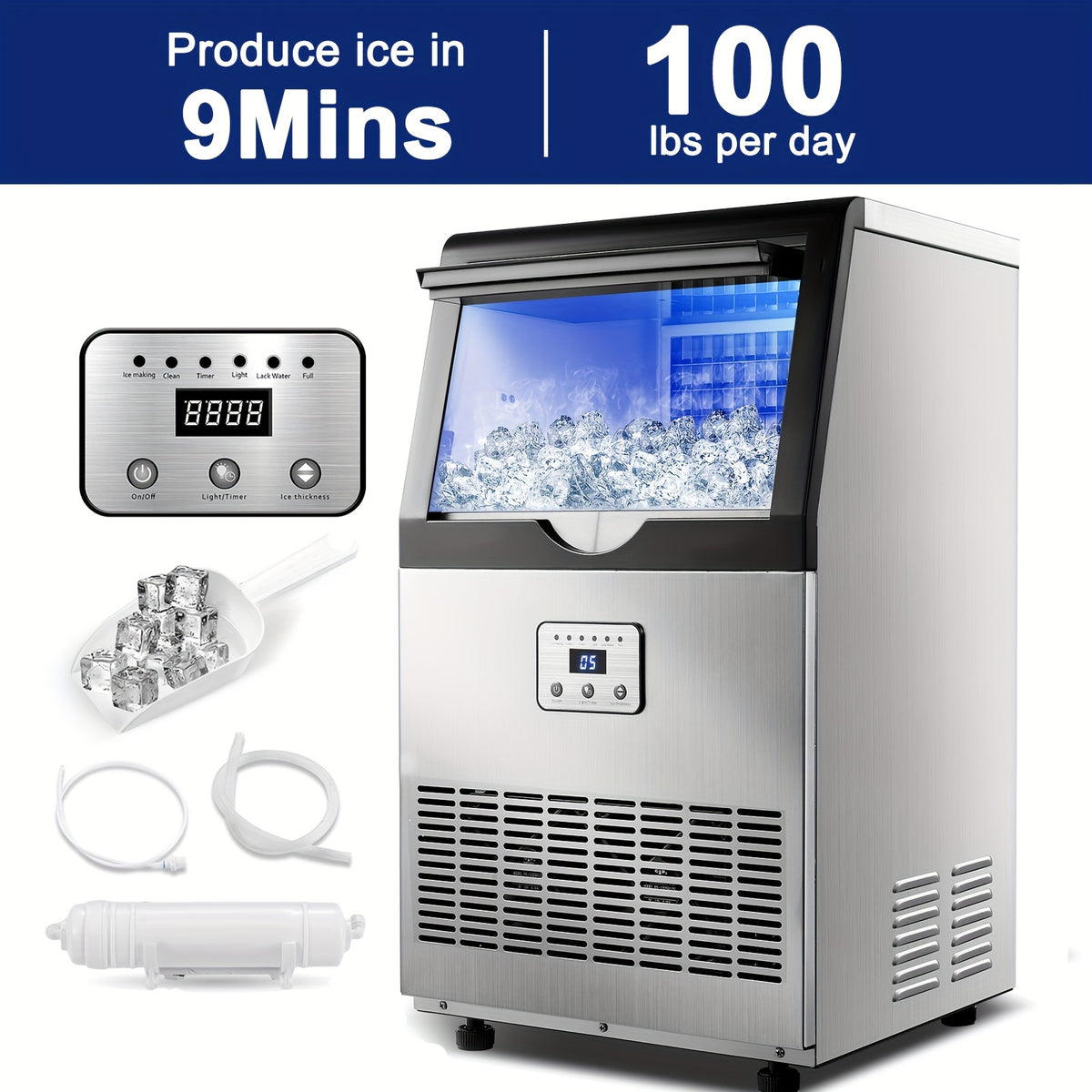 Commercial Ice Maker with Listed 100lb Daily Production and 13lb Storage Bin, Silver Freestanding or Under-Counter Ice Machine with Filter and Scoop
