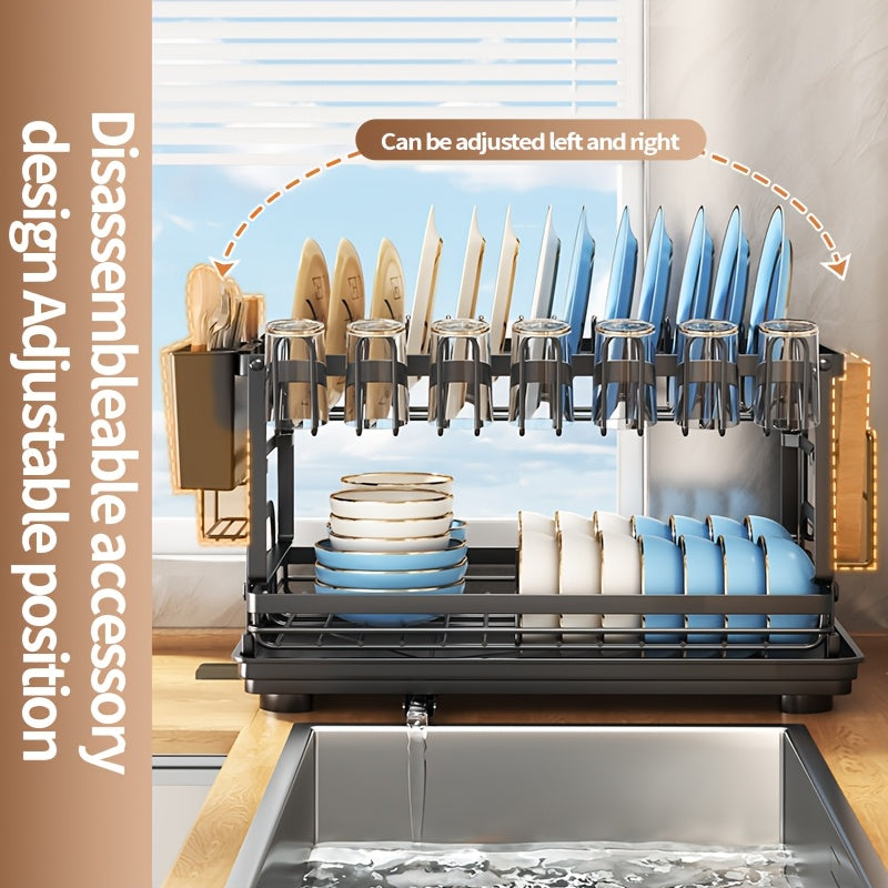 Metal Countertop Dish Rack for Kitchen Tableware Organization, Two-Tier Painted Rack Design with Utensil Holder Reference and Black, Dark Grey or Base Options