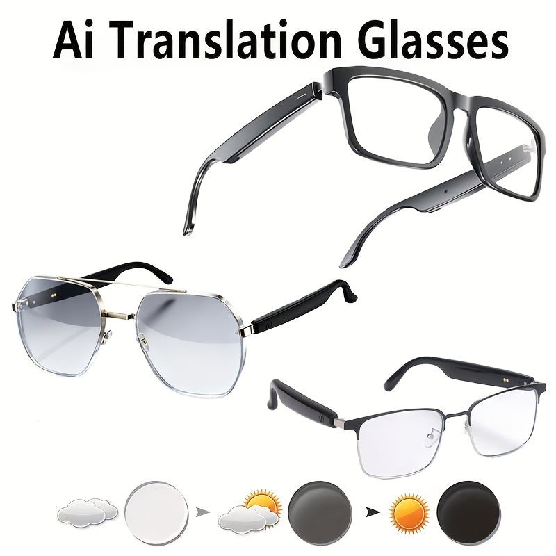 AI Translation Audio Glasses with Listed 130+ Language Support, Built-In Microphone and Speaker, Voice Calling and Color-Changing Lens Wording in Three Frame Styles