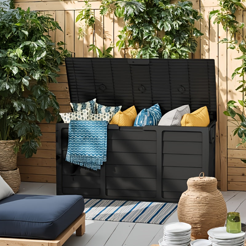 Resin Deck Box with 75-Gallon Capacity and Handles, Gray or Pure Black Outdoor Storage Container for Compatible Patio, Garden and Poolside Essentials