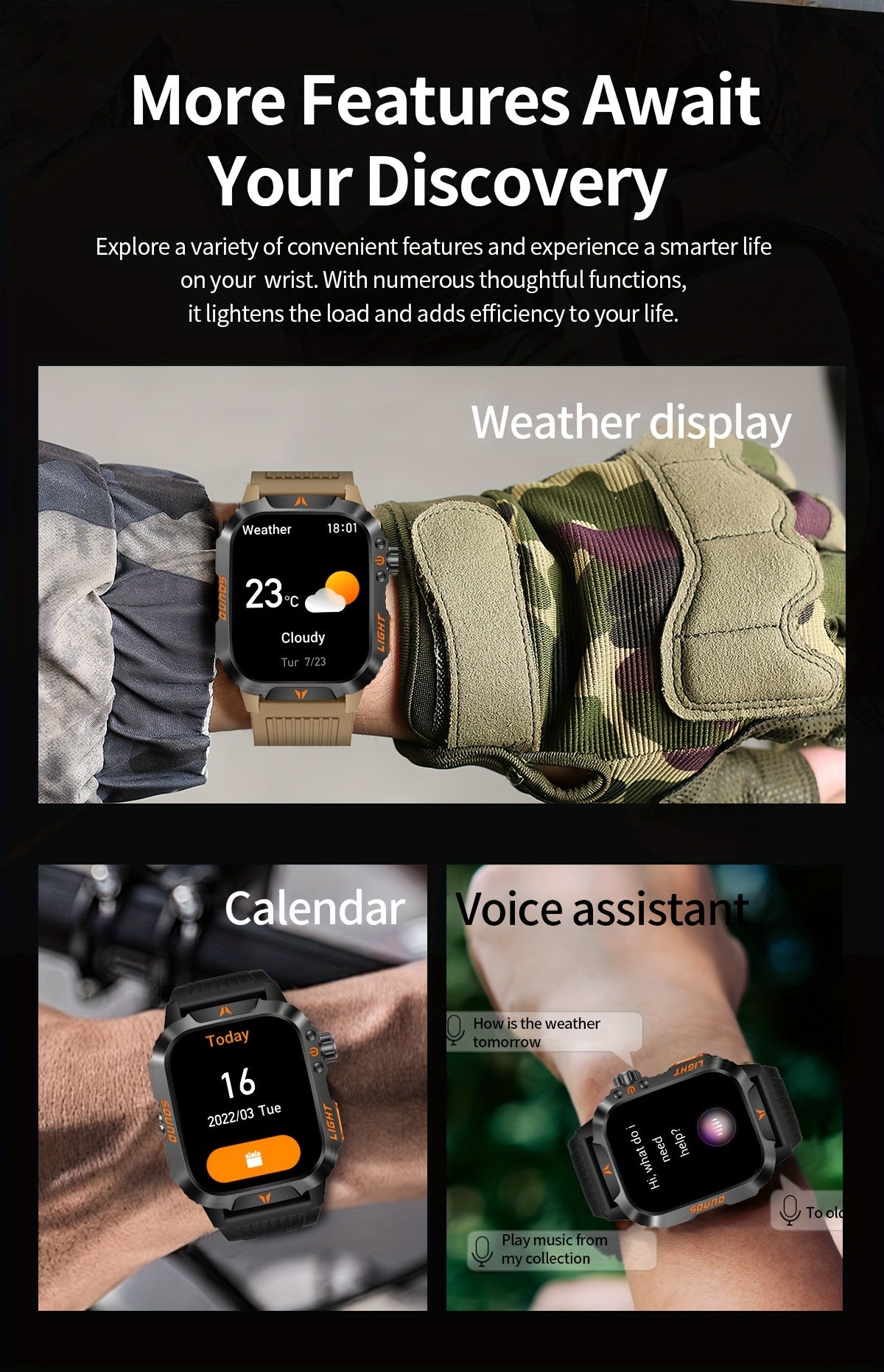 Outdoor Calling Smartwatch with Listed Compass, Altimeter, Barometer and LED Flashlight, 600mAh Battery and Sleep Tracking in Five Style Labels for Men