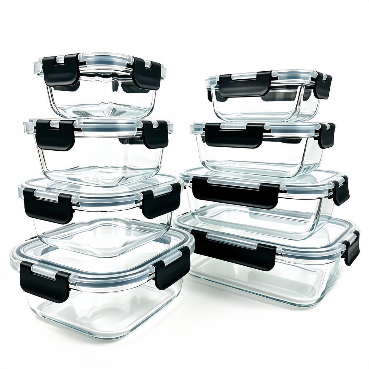 16-Piece Glass Food Storage Set with 8 Containers and 8 Matching Lids, Pink Ear-Buckle, Green or Black Ear-Clip Options for Lunch Portions and Picnic Meals