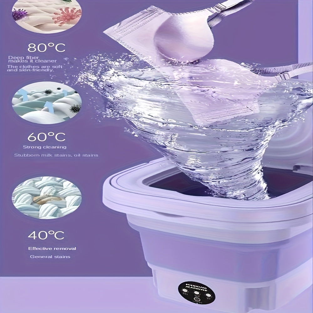 Collapsible Mini Laundry Washer, Purple Foldable Washing Machine with Listed 2.11gal Volume, 3 Modes and Soft Spin Function for Suitable Small Garments