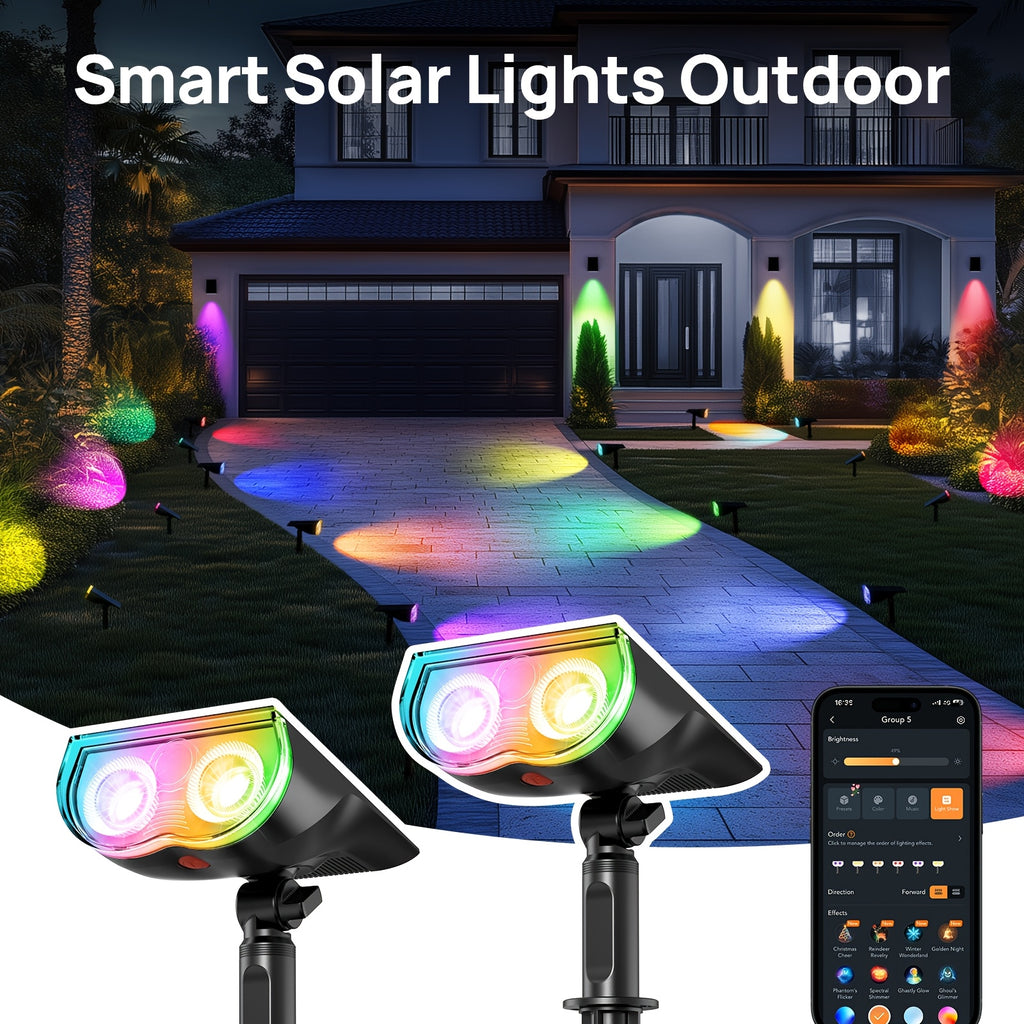 Smart Solar RGB Spotlights with Listed AiDot App Control, Adjustable White Light, Music Sync and Scheduling, Multicolor Two-, Four- or Six-Piece Package Labels