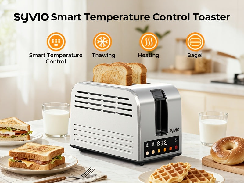 Stainless Steel Smart Toaster by Syvio with Listed Touchscreen Controls, Five Bread Types, Six Browning Levels, Wide Slots and Removable Tray for Breakfast