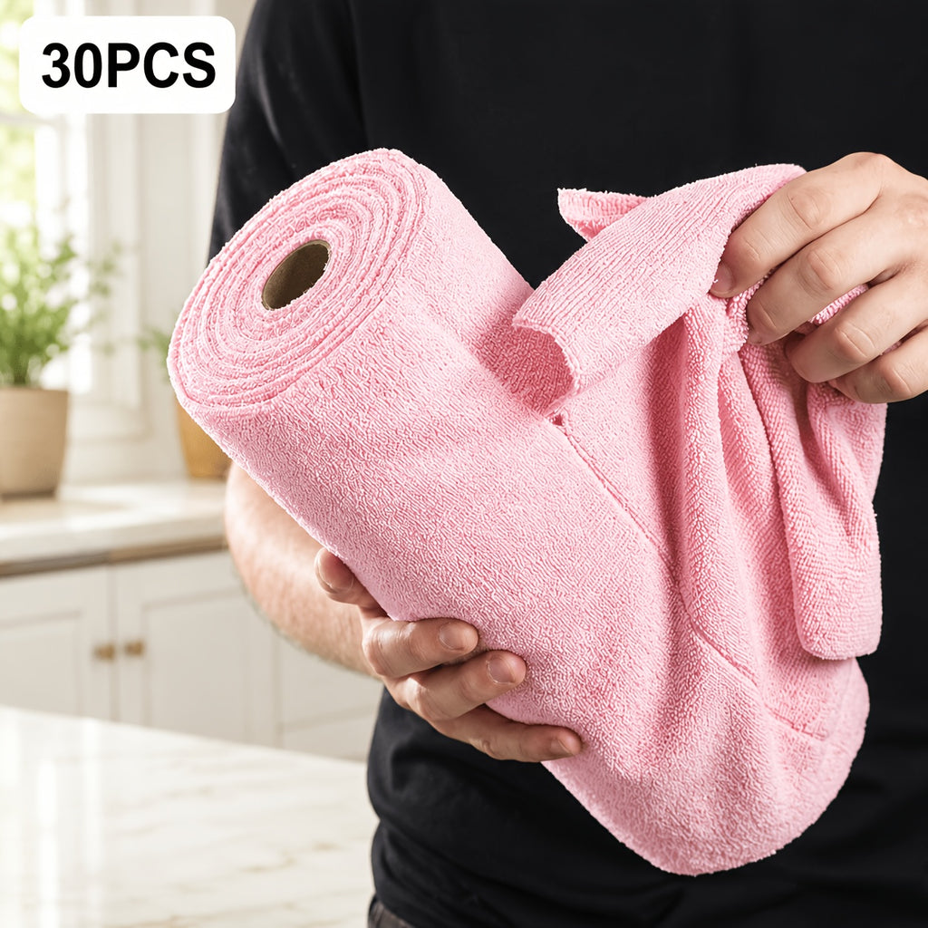 Reusable Cleaning Cloth Roll with 30 Listed Wipes, Microfiber Towel Format in Pink, Light Green or Blue for Household Kitchen, Car and RV Cleaning Tasks