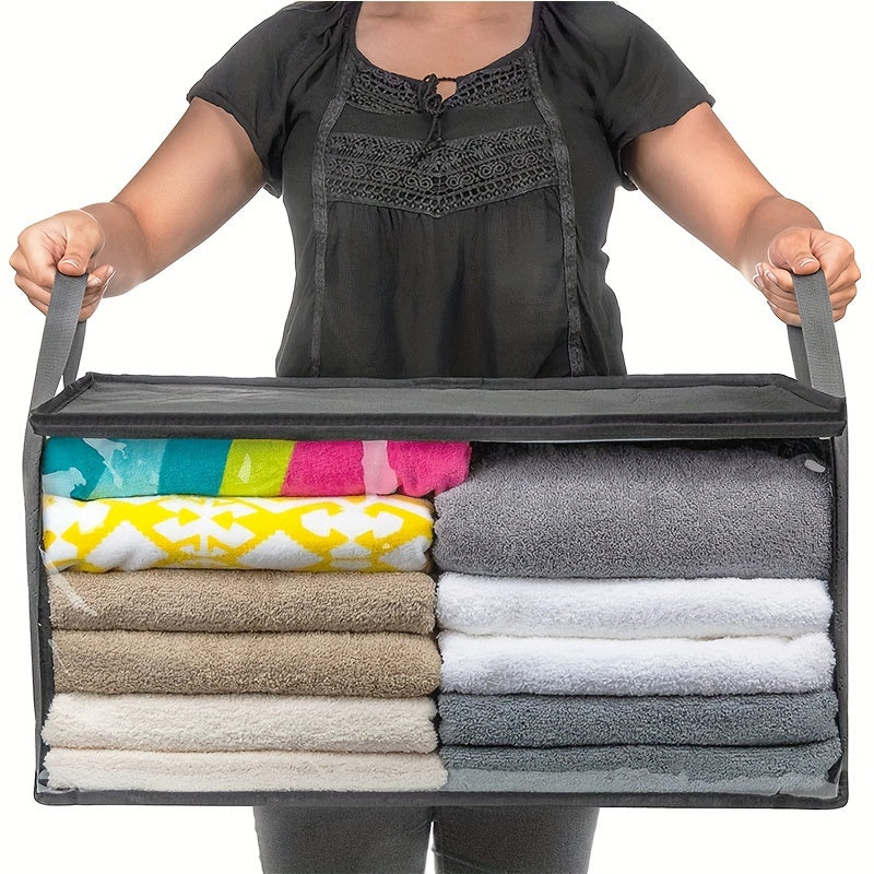 Windowed Clothes Storage Bags, Three-Piece Gray Foldable Organizer Set with Carry Handles for Suitable Blankets, Bedding, Pillows and Closet or Dorm Room Storage