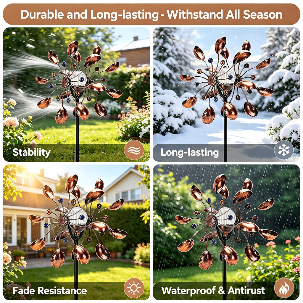 Garden Wind Spinner with Solar Multicolor LED Light, Metal Pinwheel Yard Decor with Listed 72-Inch Size and Red, Bronze, Blue or Butterfly Design Options