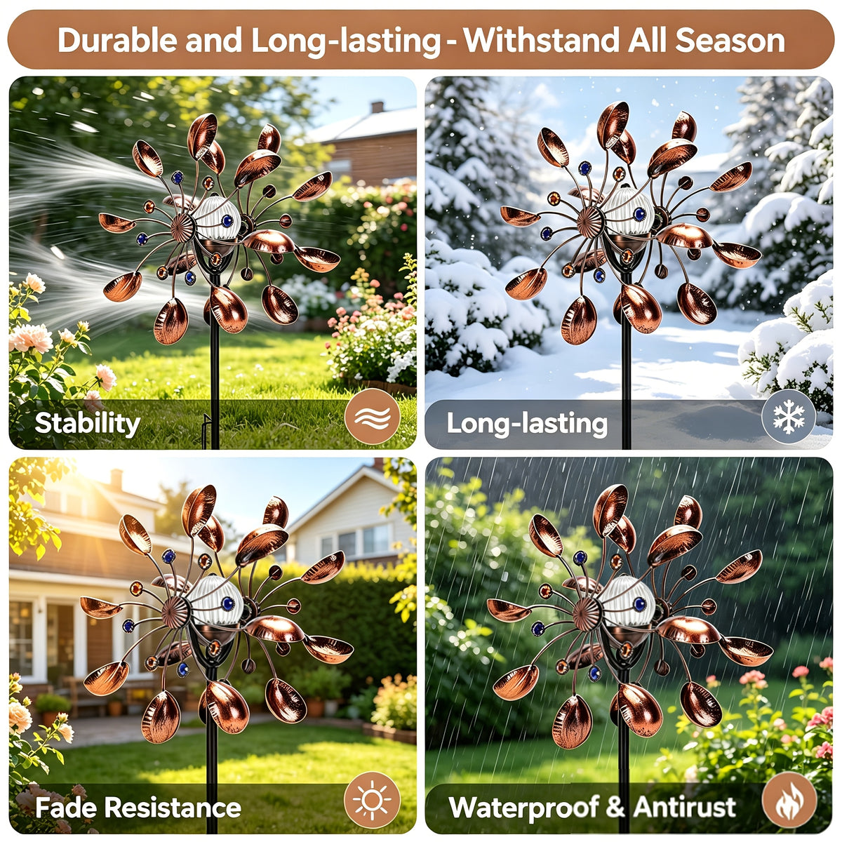 Garden Wind Spinner with Solar Multicolor LED Light, Metal Pinwheel Yard Decor with Listed 72-Inch Size and Red, Bronze, Blue or Butterfly Design Options