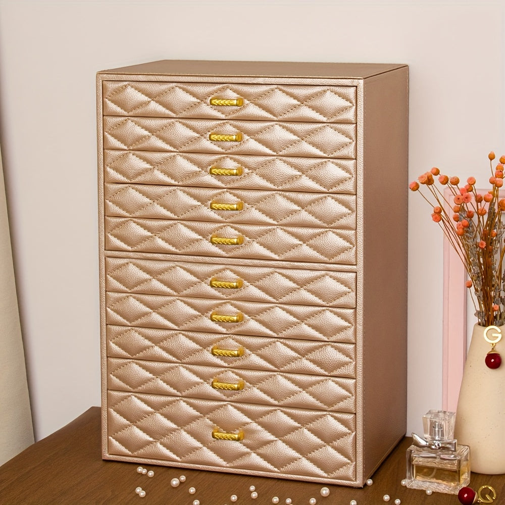 Extra Large Jewelry Box by FEIYAN, 10-Layer Faux Leather Storage Organizer with Drawers and Velvet Lining for Scandinavian-Style Bedroom Organization