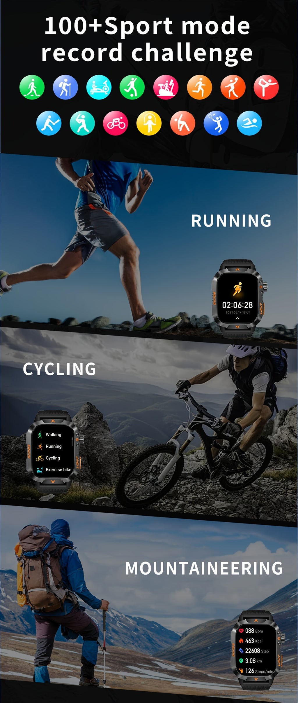 Outdoor Calling Smartwatch with Listed Compass, Altimeter, Barometer and LED Flashlight, 600mAh Battery and Sleep Tracking in Five Style Labels for Men