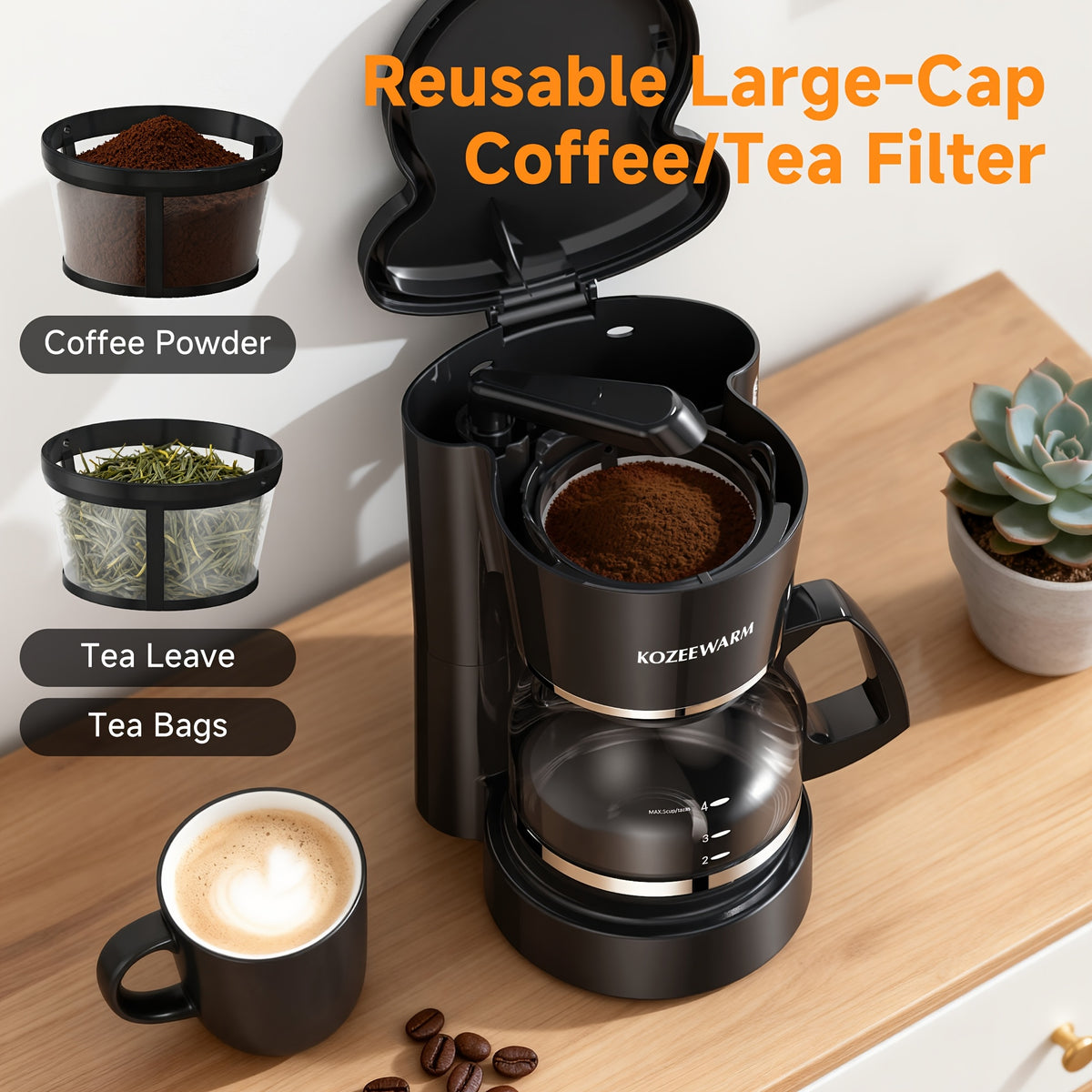 Drip Coffee Maker 12-Cup, One-Touch Coffee Machine with Reusable Filter, No-Disassembly Easy Clean, Brew for Home, Office, Kitchen, All-Day Coffee, Black