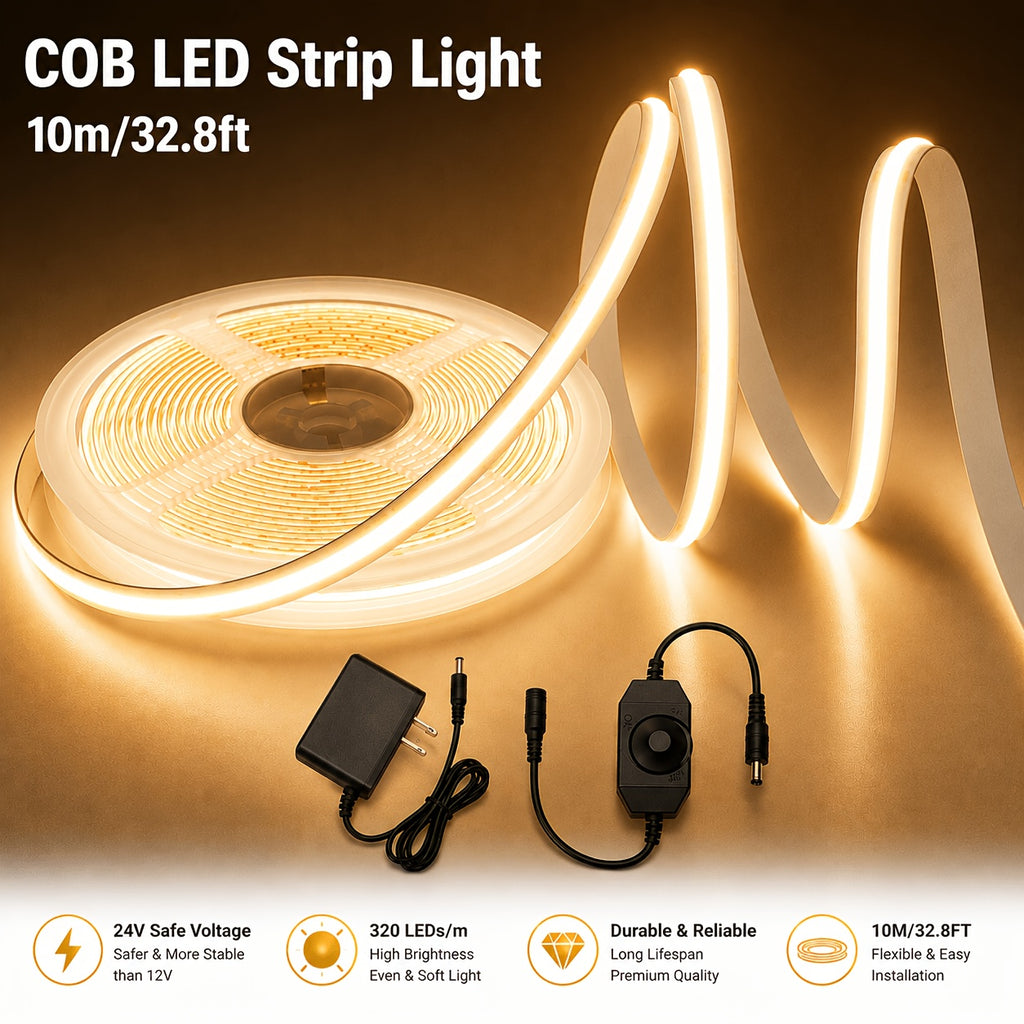 COB LED Strip Lights with Knob Dimming, Listed 32.8ft 24V Light Tape with 8mm Width and CRI92+, White or Warm White Options for Cabinet and Shelf Accent Lighting