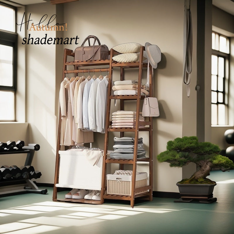 Bamboo Garment Rack with Adjustable Shelves, Five Side Storage Racks and Hat Hooks for Bedroom Organization, Brown or Nature with Four Size and Bag Option Labels