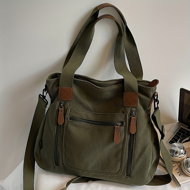 Retro Workwear Corduroy Handbag with Multiple Pockets, Women's Adjustable-Strap Shoulder and Crossbody Bag in Black, Grey or Green for Daily Commuting