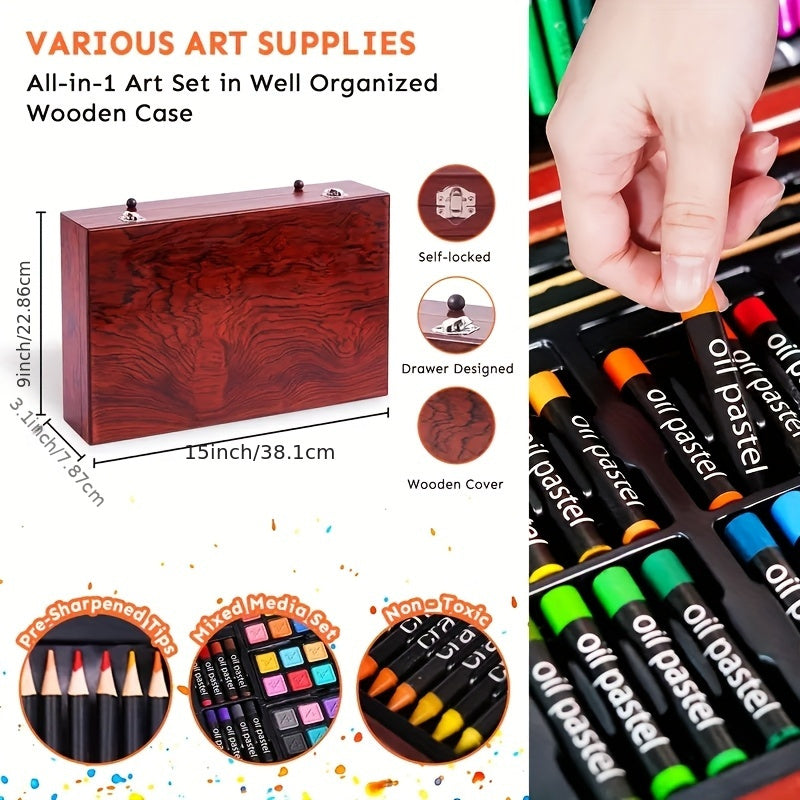 Wooden Case Art Set, 145-Piece Three-Layer Selection with Crayon, Oil Pastel, Watercolor Cake and Colored Pencil References for Drawing and Painting