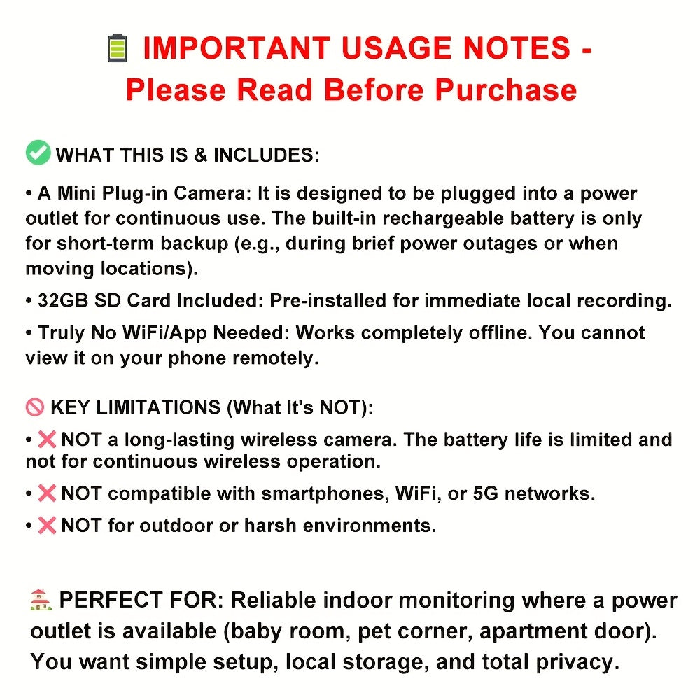 Mini Indoor Security Camera Q7 with Listed 720P Video, Night Vision, Motion Detection and USB Power, One-Piece Plus 32G Option for No-WiFi Home Monitoring