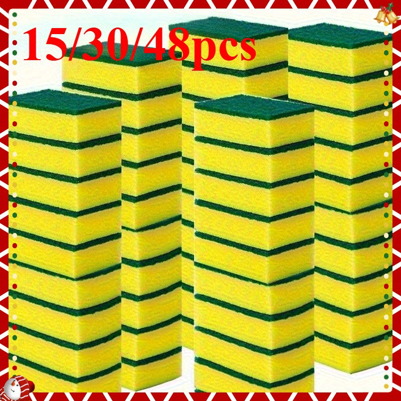 Square Kitchen Sponges in 15 or 30-Piece Packs with Listed Double-Layer Design for Compatible Dishes, Cookware and Everyday Household Surface Cleaning