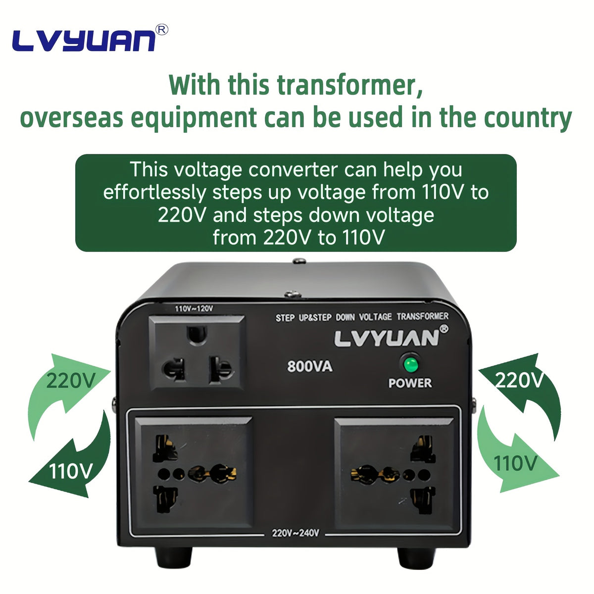 Voltage Converter 800W/5000W Peak, Heavy Duty Step Up Step Down Transformer, 110V to 220V / 220V to 110V, Aluminum Body, Safety Protections with Overload Indicator