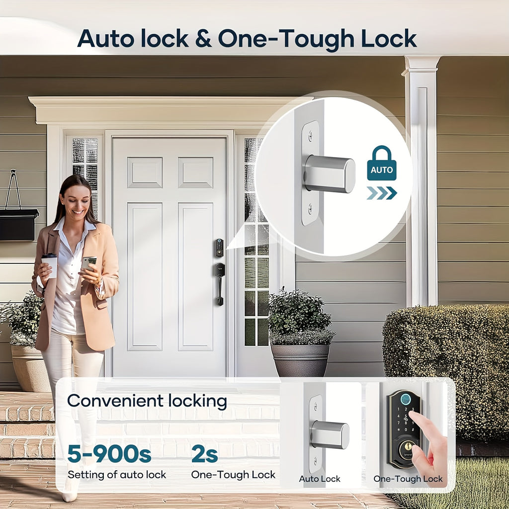 SMONET Fingerprint Deadbolt and Handle Set with Bluetooth, Digital Keypad, Phone App and Auto-Lock Wording, Black, Silvery or Oil Rubbed Bronze Options
