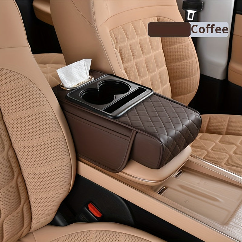 Car Armrest Storage Cover in PU Leather with Two Side Pockets and Two Cup Holders, Center Console Organizer with Tissue Bundle and Refill Options