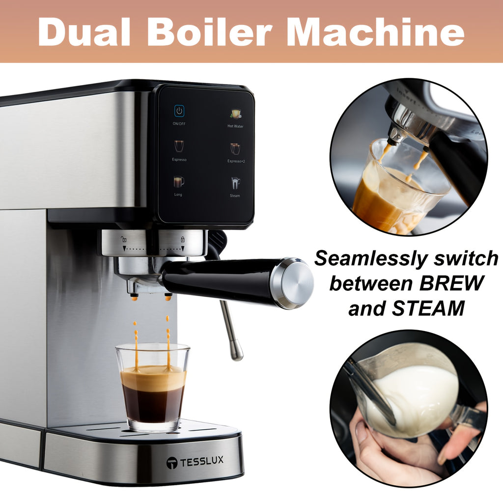 Touch Control Espresso Machine by TESSLUX, Listed 20 Bar Dual Boiler Coffee Maker with Milk Frother Wand in Silvery for Home Cappuccino and Latte Preparation