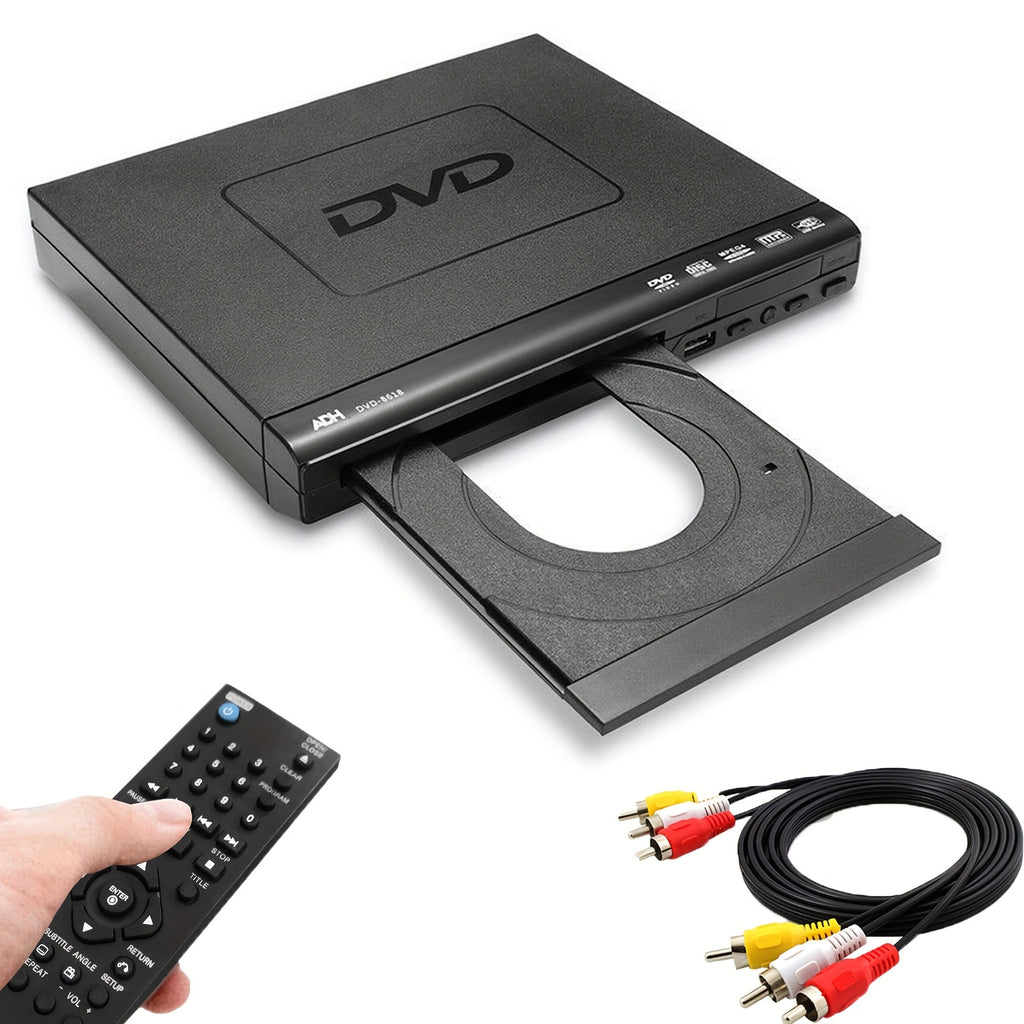 AV Output DVD Player for TV in Black with USB 2.0 Media Playback, Remote Control, Resume Function, CD-R and CD-RW Support and Included Three-in-One AV Cable