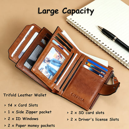 Leather Wallet for Men with Listed RFID Blocking Design, Card Slots, Coin Pocket and ID Storage, Six Brown, Black and Coffee Color or Bifold Options