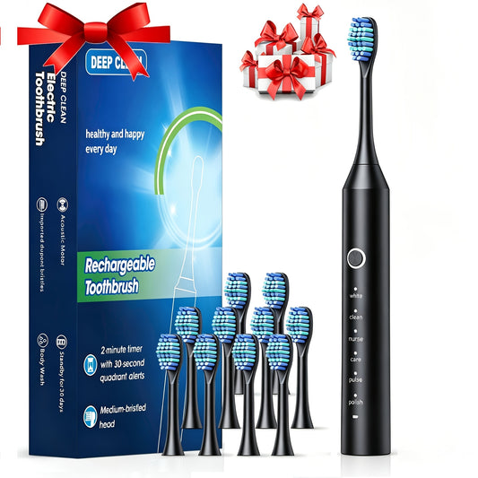 513 Adult Electric Toothbrush with Six Listed Cleaning Modes, USB Rechargeable 500mAh Battery and Soft Bristles, Black, White or Pink Four-Brush Labels