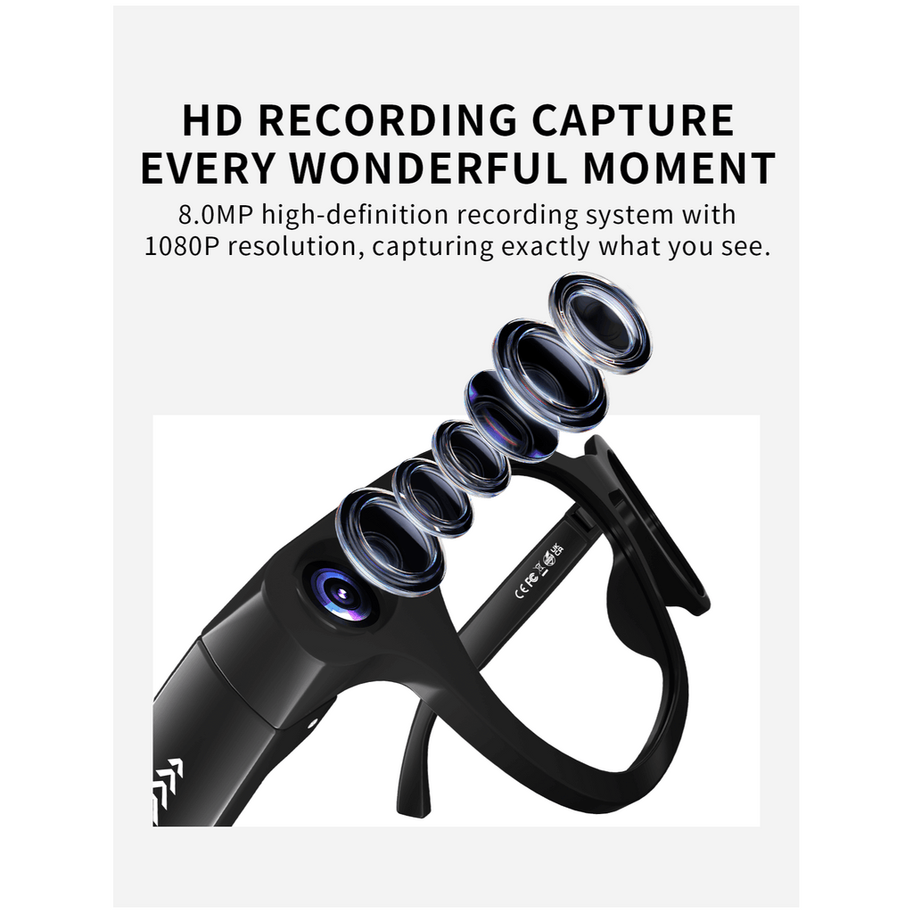 8MP Camera Smart Glasses with Three Pairs of Lenses, Black Touch-Control Eyewear with HD Video, Translation, Bluetooth Calls and Music