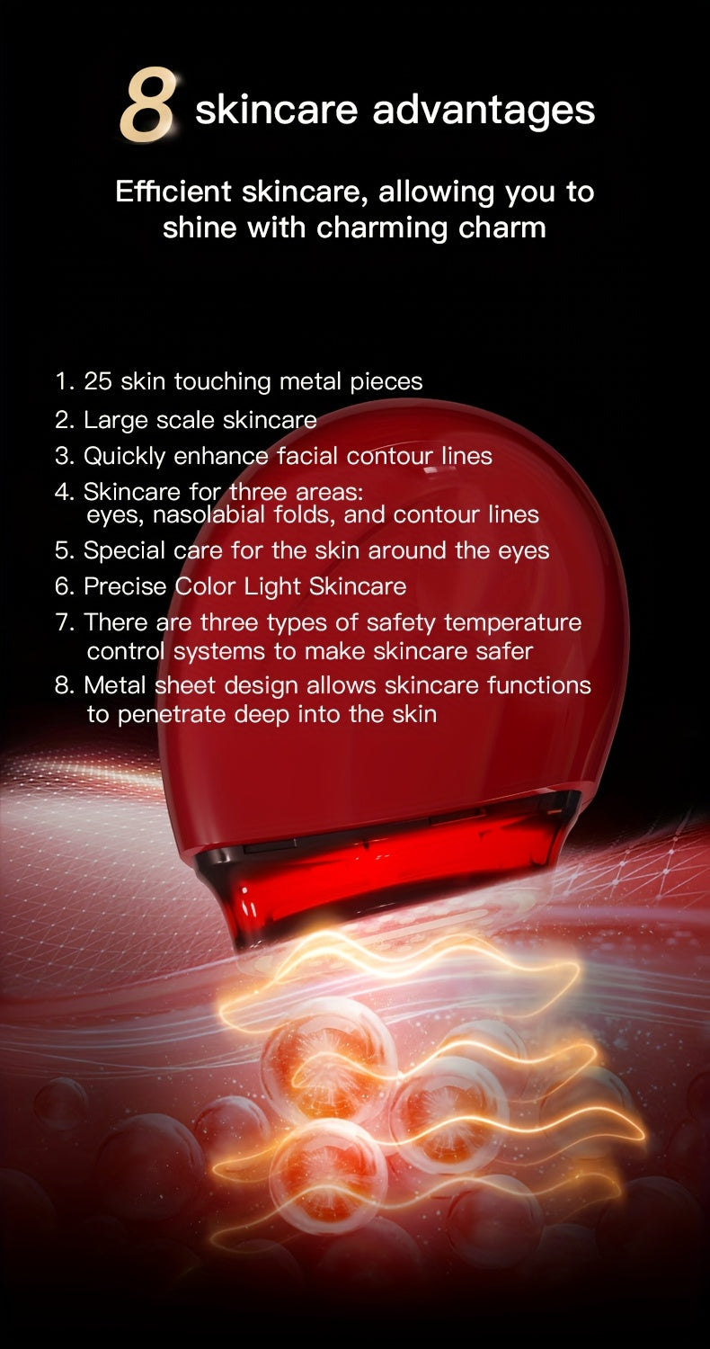 Burgundy Handheld Facial Care Device with Three Listed Skincare Modes, USB Rechargeable Power, Ergonomic Design and Color Light Features for Home Beauty Routines