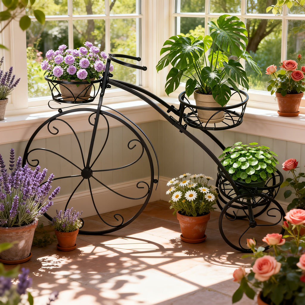 Tricycle Plant Stand in Black or White with Three Iron Pot Holders, Decorative Bicycle Flower Display with Fixed Wheels for Home and Suitable Patio Spaces