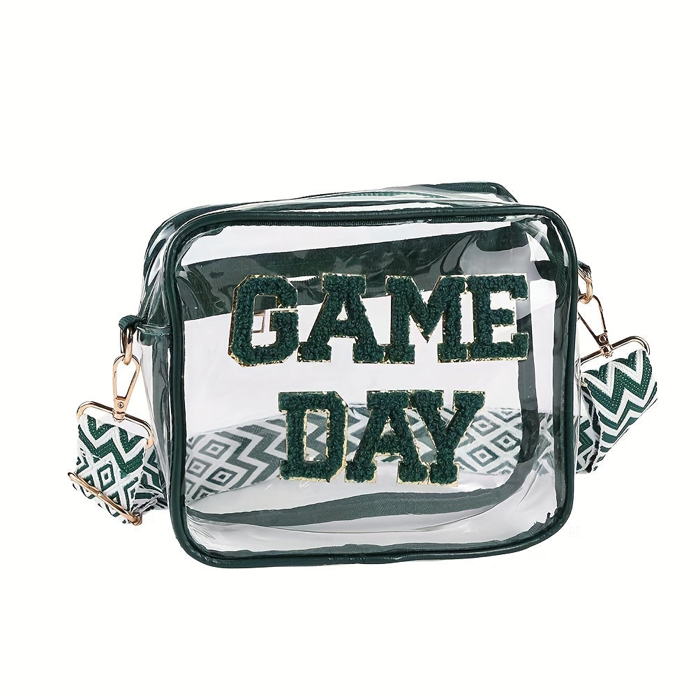 Transparent Square Crossbody Bag with Embroidered Letter Detail, Clear PVC Shoulder Accessory with Zipper Closure and Painted Edges in Grey, Orange or Red for Everyday Outings