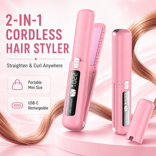 Cordless Hair Straightener and Curler in Gray, Listed Mini 2-in-1 USB-Rechargeable Flat Iron Design for Portable Styling and Travel Preparation